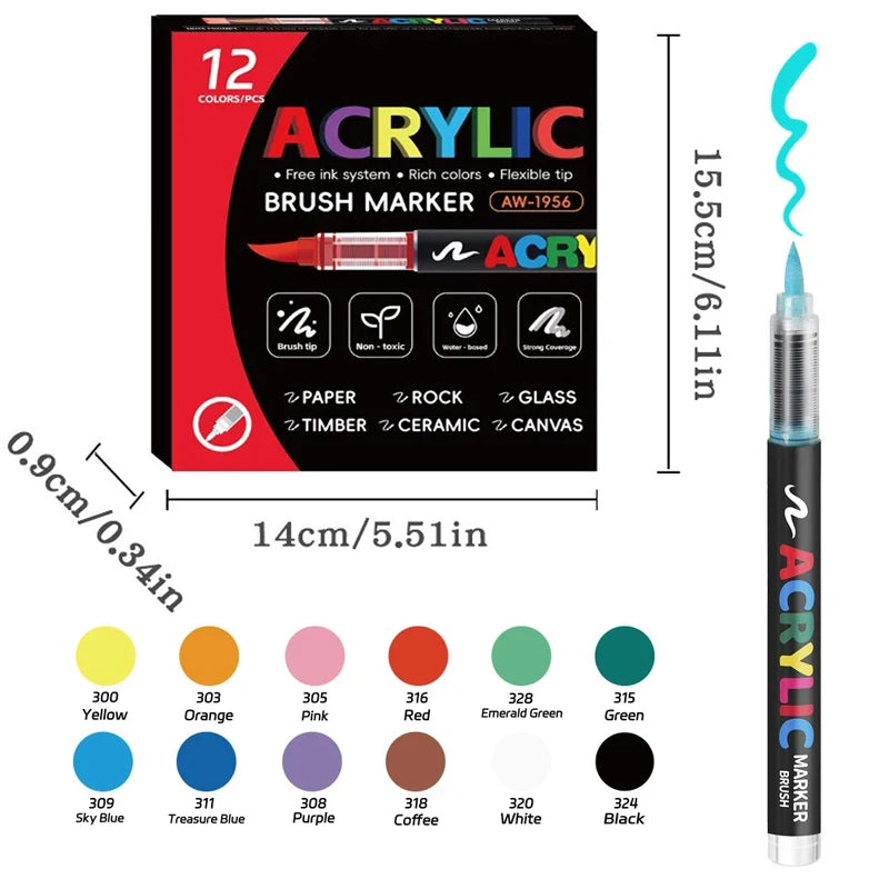 stylos marqueurs acrylique noir blanc floral brush ensemble 12 stylos boîte rangement
