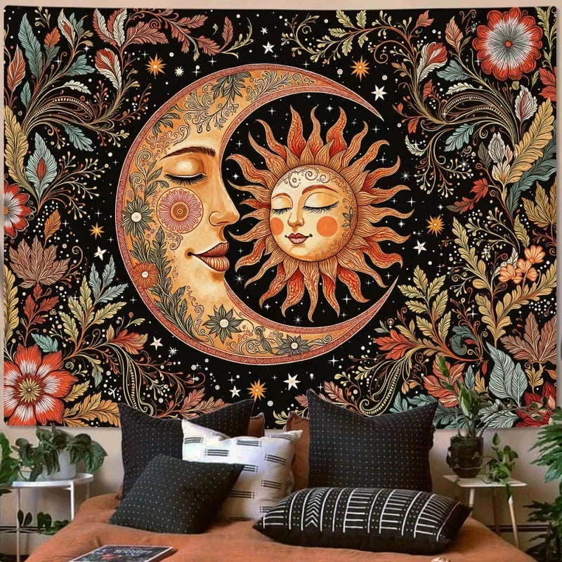 tapisserie murale florale soleil lune étoiles noir rouge verte chambre salon decoration boheme céleste