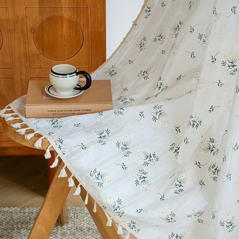 rideau boho chic fleurs blanc jaune translucide tassel coton vertical fenêtre