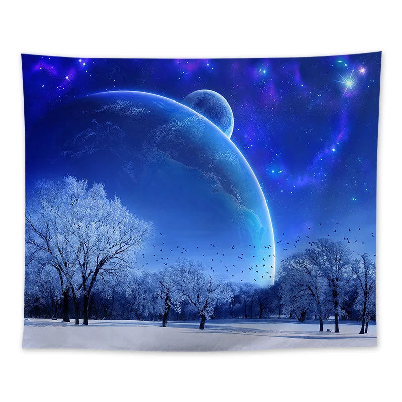 tapisserie forêt nocturne étoiles aurora borealis bleu noir blanc vertical maison chambre decoration