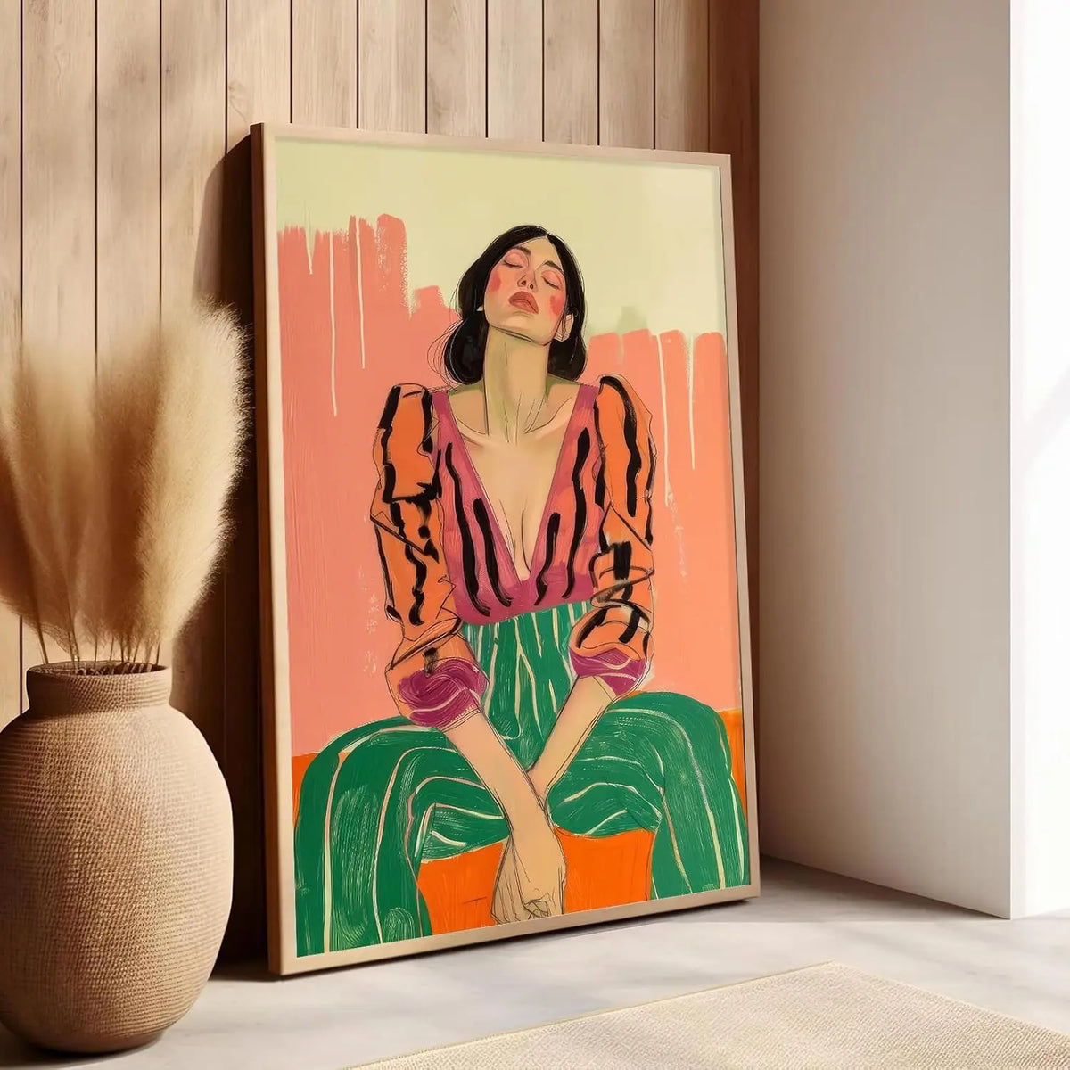 tableau abstrait moderne toile minimaliste orange vert rose beige lignes horizontales sans cadre