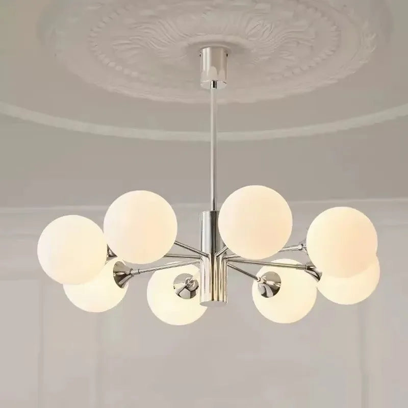 lustre suspension moderne chrome boules verre translucide luminaire salon salle manger blanc