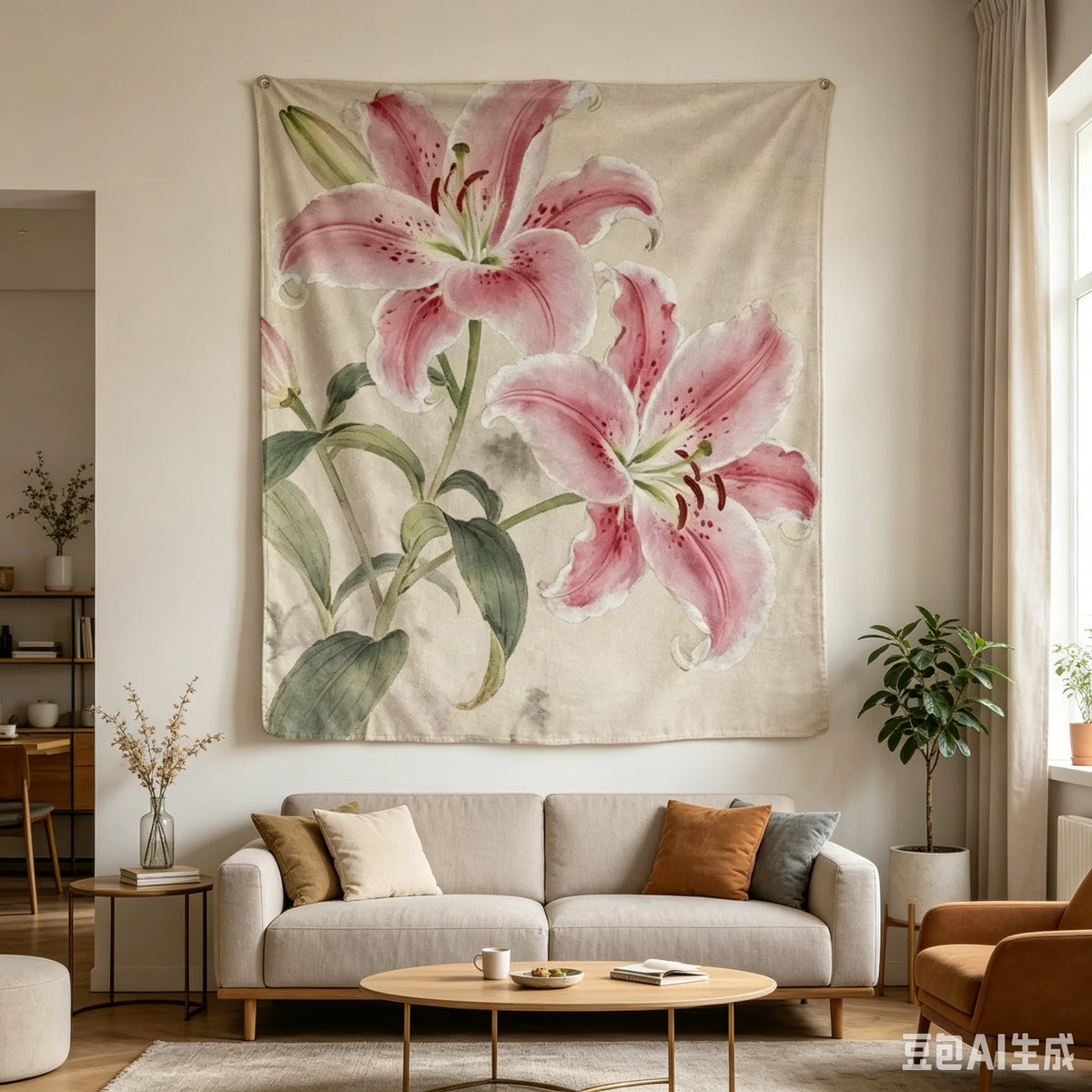 tapisserie fleurs lys floral classique beige rose vert polyester lavable machine chambre salon decoration