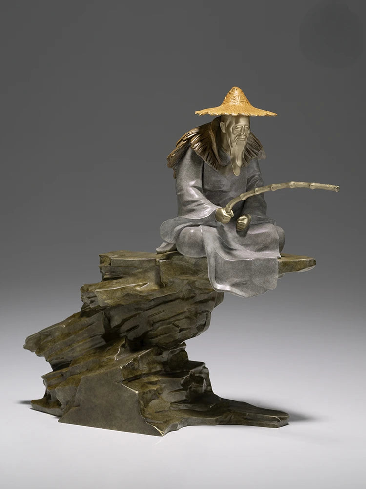 statue chinoise vieil homme canne pêche métal laiton salon chambre traditionnelle asiatique