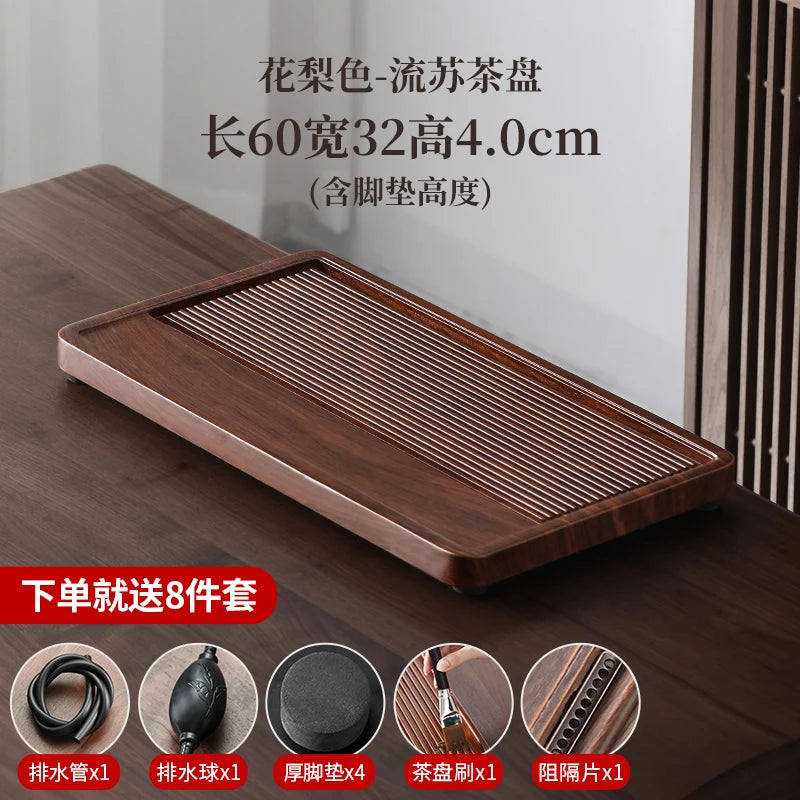 plateau thé bois bambou moderne lignes verticales marron foncé tasses théière salon chambre