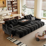 canapé d'angle noir velours moderne pieds bois coussins
