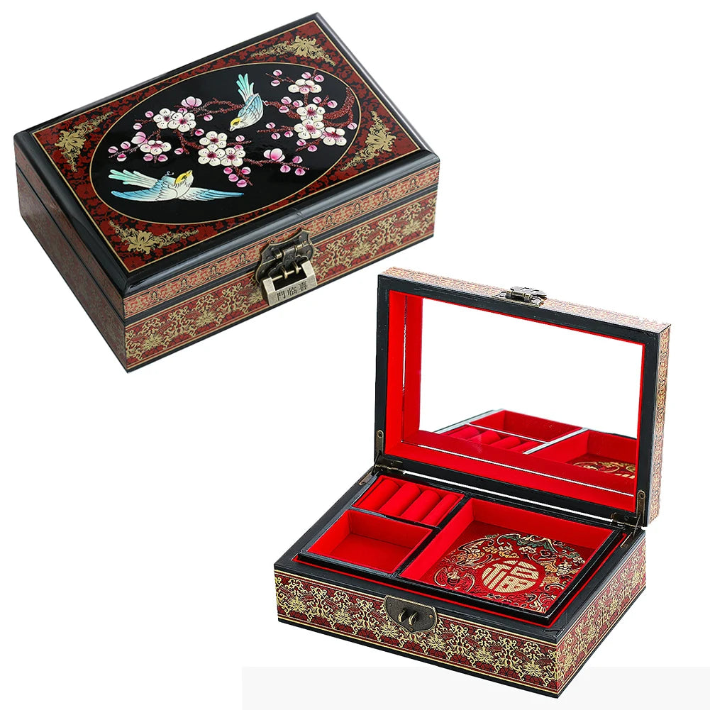 boîte bijoux bois artisanale compartiments fleurs cerisier oiseaux motifs floraux élégante verre transparent cadenas
