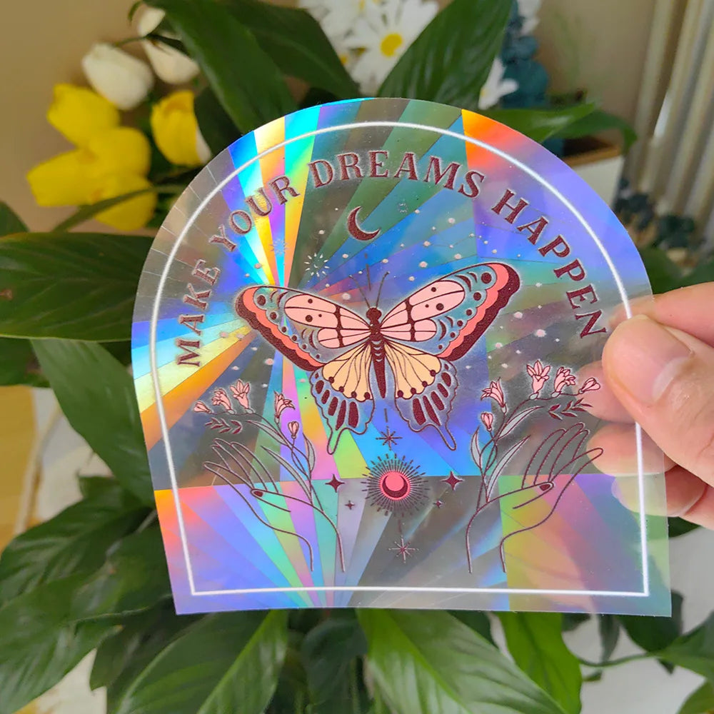 étiquettes solaires holographiques transparentes motifs planètes chats soleils modernes adhésives blanches minimalistes