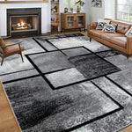tapis géométrique moderne gris noir blanc résistant saleté facile entretenir salon chambre decoration extérieur