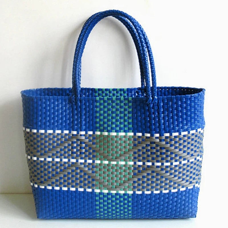 sac main plastique tissé géométrique polyvalent femme moderne noir blanc jaune bleu turquoise poches