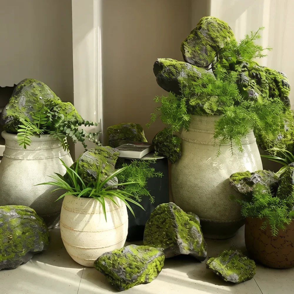 pierre artificielle mousse verte gris naturelle decor exterieur interieur zen 15cm 25cm