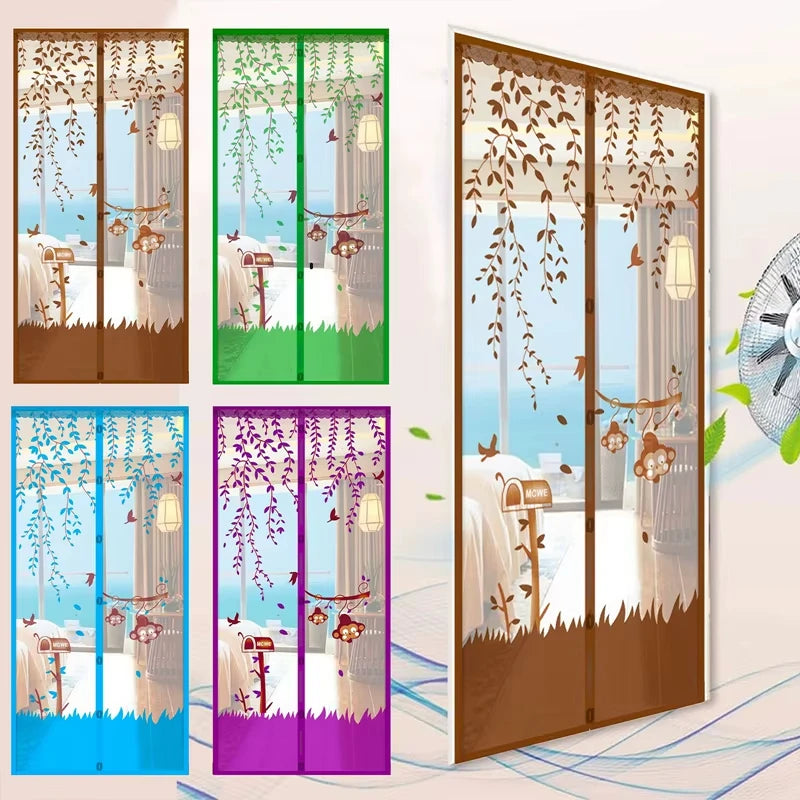 rideau porte violet bleu moderne fleurs feuilles oiseaux translucide clous dorés 90x210cm