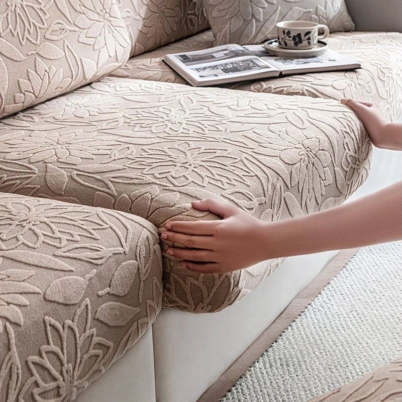 housse canapé extensible beige fleurs imprimées moderne salon tissu jacquard protection animaux