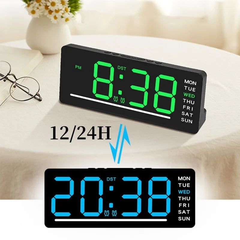 horloge numérique led affichage semaine double alarme noir vert bleu moderne minimaliste