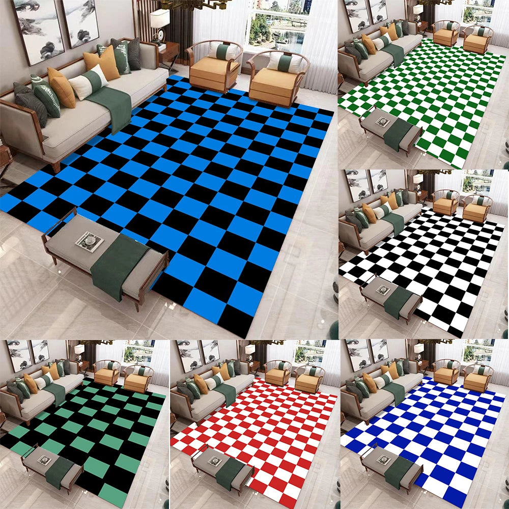 tapis salon moderne motif damier carreaux géométriques bleu vert blanc anti dérapant velours