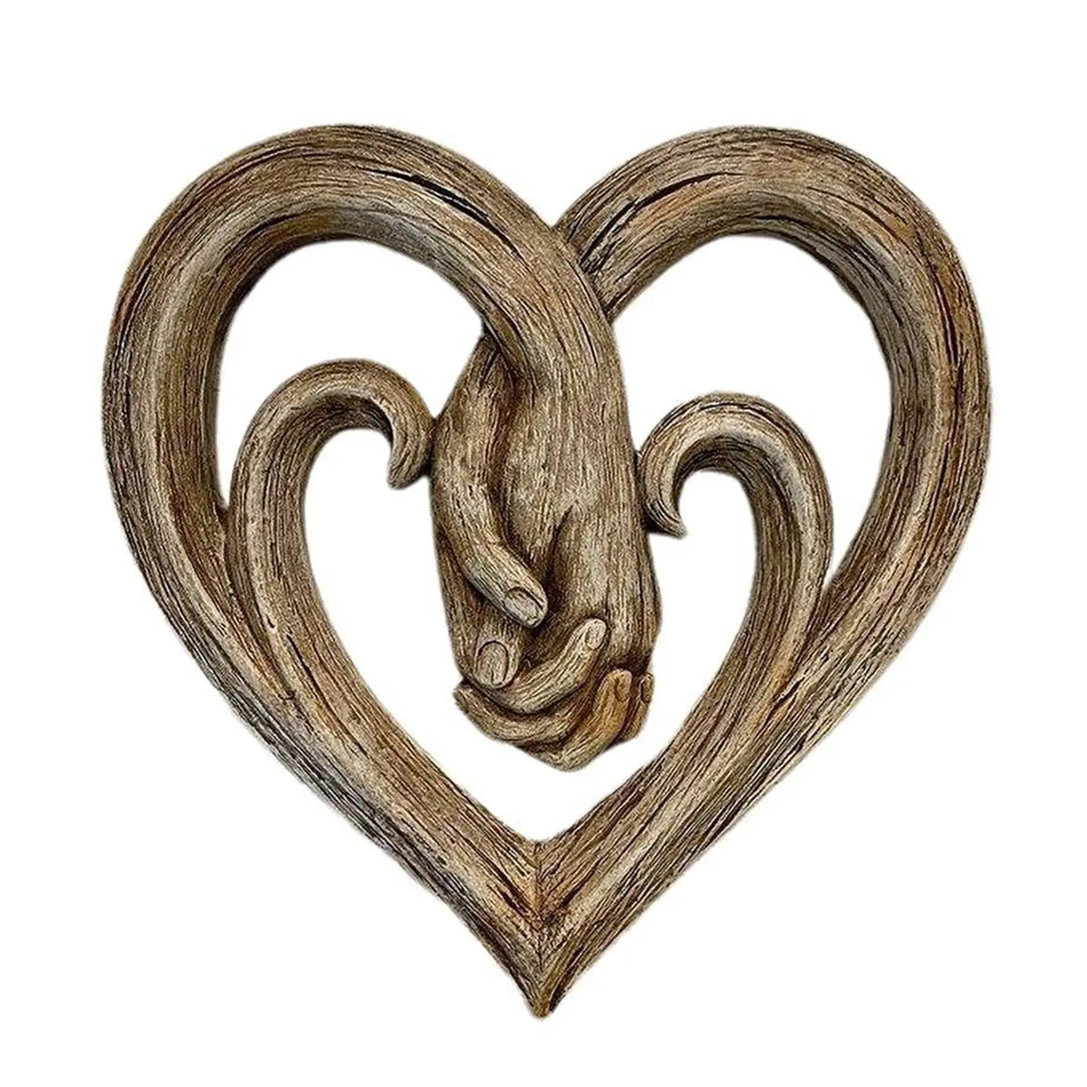 sculpture bois coeur mains entrelacées brun clair art contemporain décoration murale artisanat