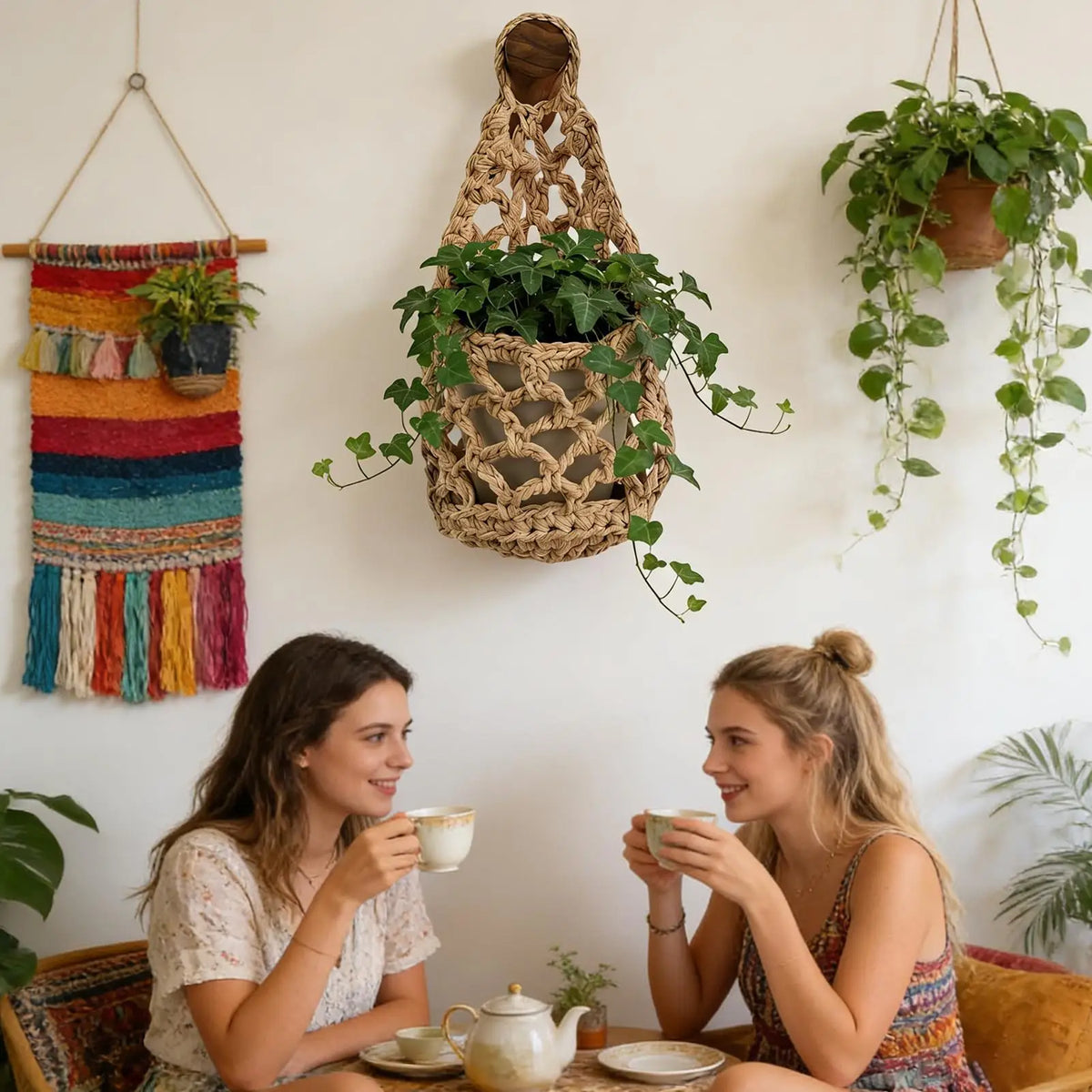 panier suspendu boho panier crocheté motifs géométriques plante intérieur décoration chambre salon