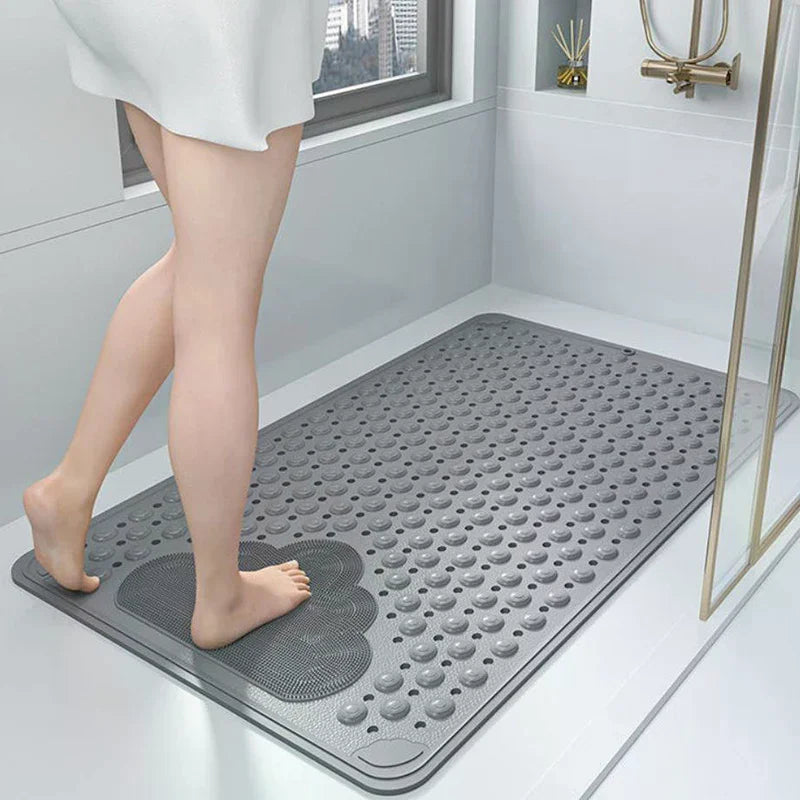 tapis douche bain gris bleu clair texturé cercles reliefs moderne minimaliste