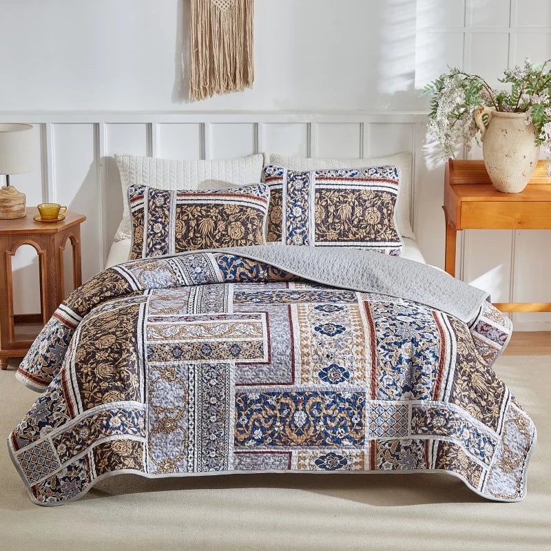 ensemble couvre lit matelassé microfibre géométrique floral boho chic multicolore rouge bleu beige taies