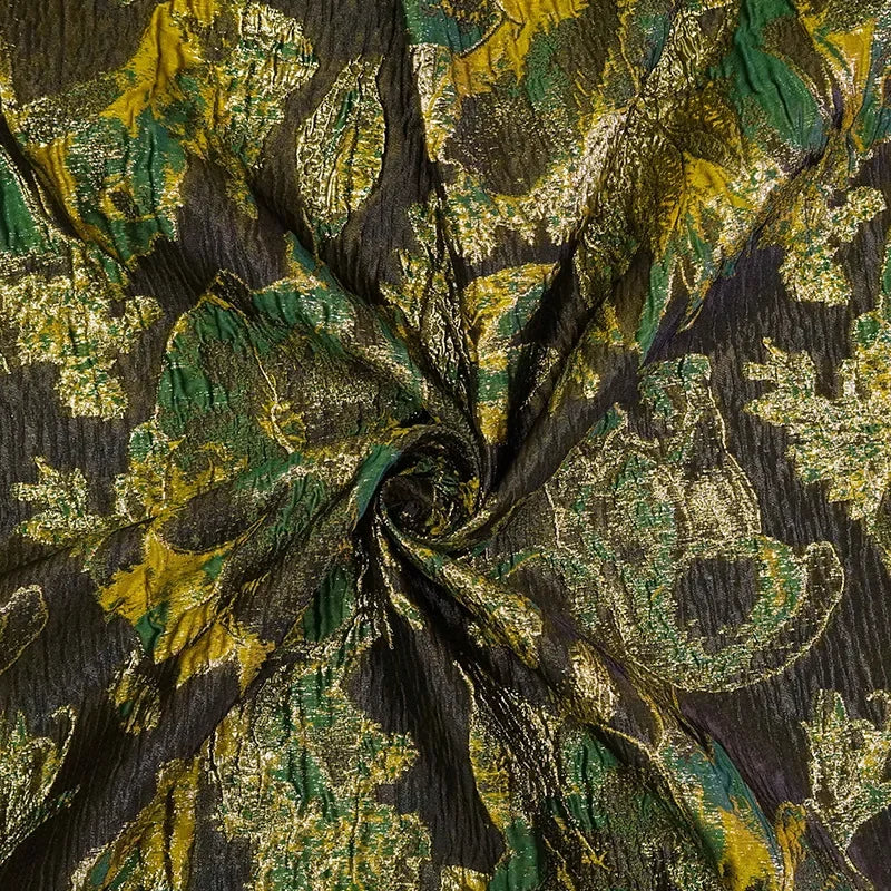 tissu brocart imprimé floral noir vert doré robe jupe coussin sac main polyester respectueux