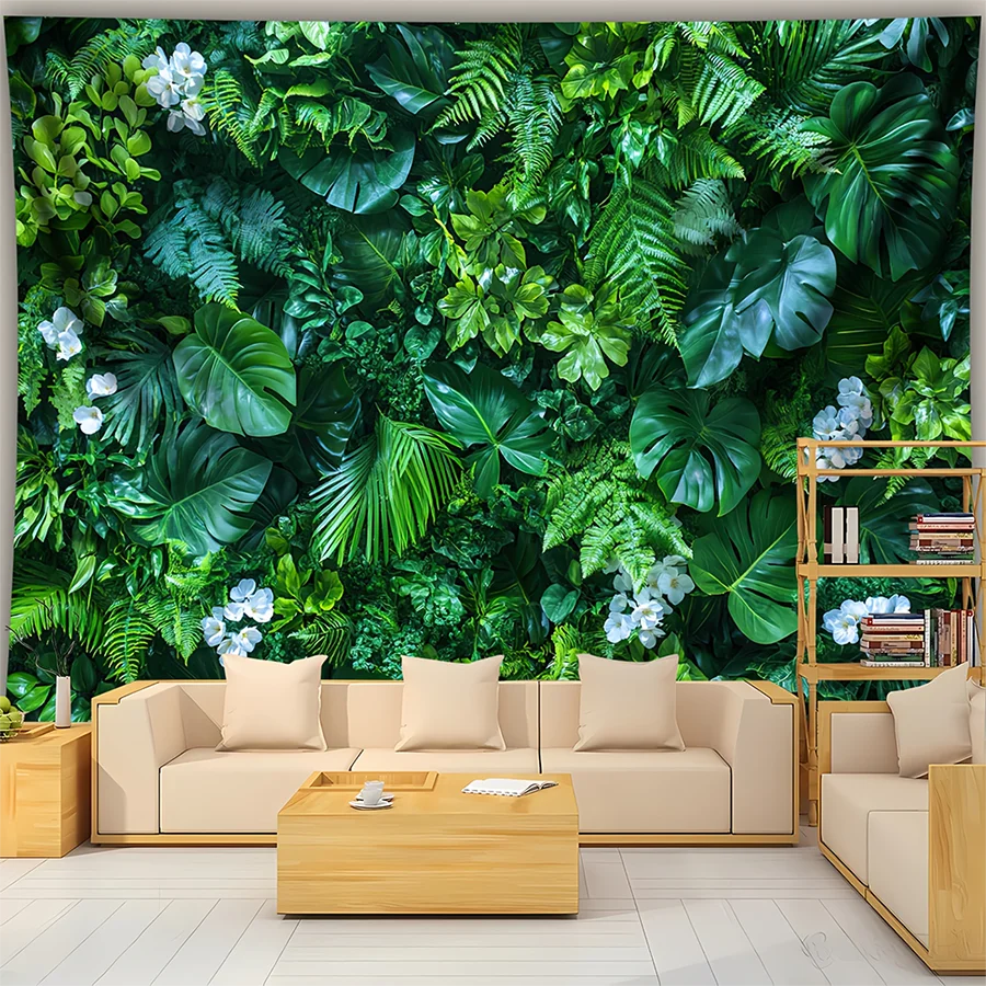 tapisserie murale feuilles tropicales clips moderne naturel vert blanc polyeste chambre salon