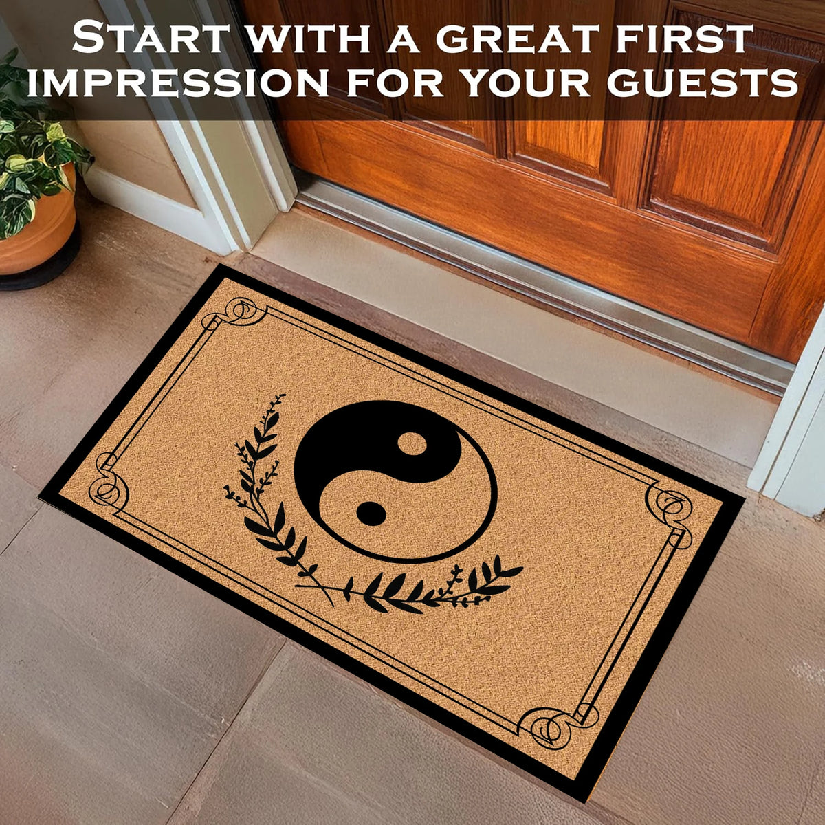 tapis d'entrée yin yang feuilles stylisées antidérapant résistant intempéries extérieur intérieur moderne