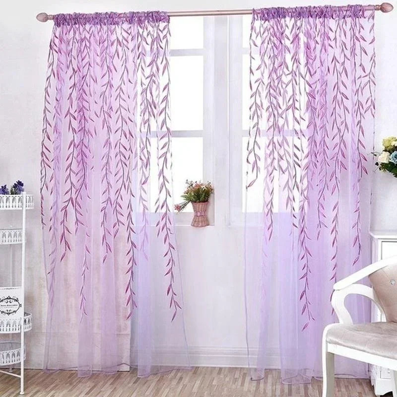 rideau decoratif feuilles saule violet transparent romantique maison