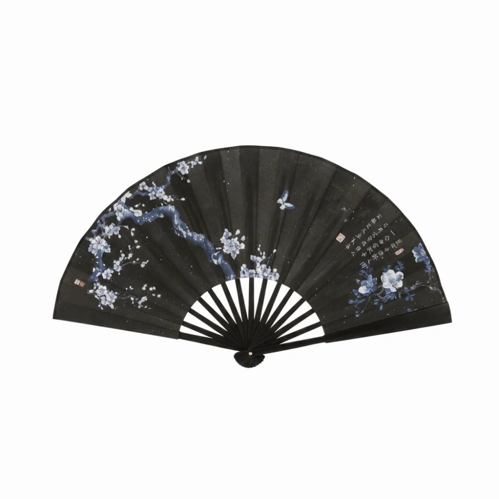 éventails pliants traditionnels chinois fleurs papillons calligraphie paysages noir blanc bleu gris rose support