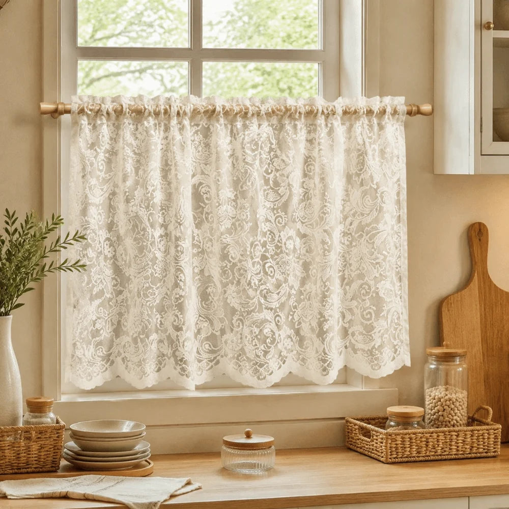 rideau dentelle beige clair classique transparent crochet 70x60cm 100x60cm chambre cuisine bureauhôtel