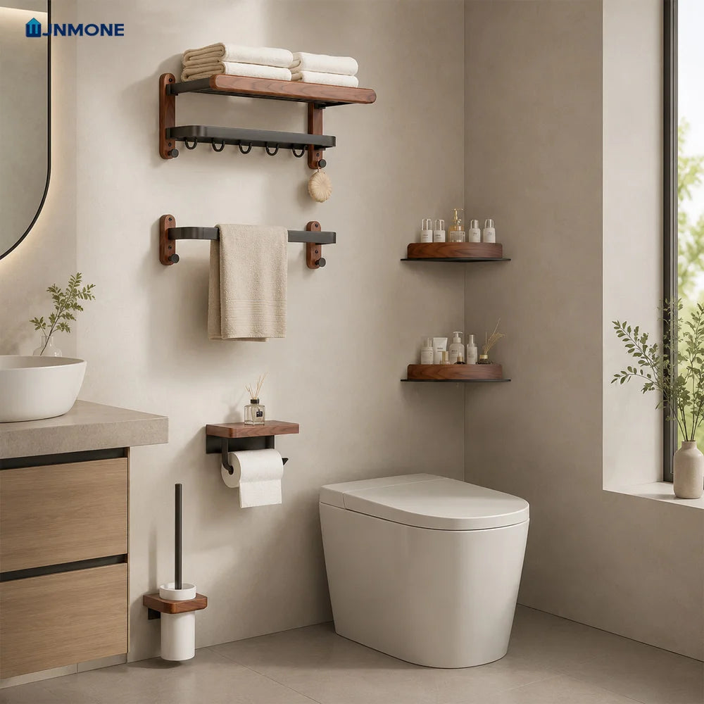 ensemble d'accessoires salle bain bois noyer noir vintage fixations métalliques robustes porte serviettes étagère