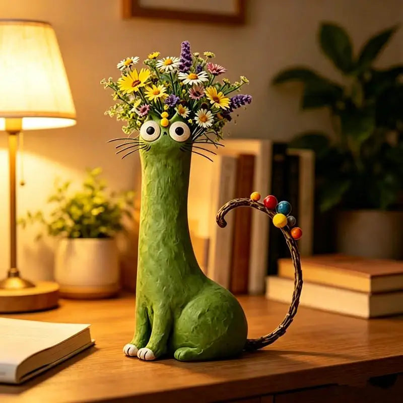 vases résine forme chat moderne couleur verte yeux oreilles queue motifs fleursDecorationMaisonBureauOrnementCartoon
