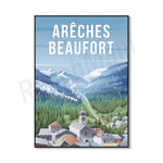 Vue panoramique sur le village d'Areches Beaufort, entouré de montagnes enneigées et de forêts verdoyantes.