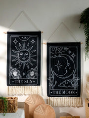 Tapisserie murale style Boho soleil et lune noir pour chambre et salon - Décoration esthétique