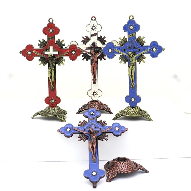 croix murale artisanale or rouge bleu décorative religieuse maison chambre prière fleurs solaires