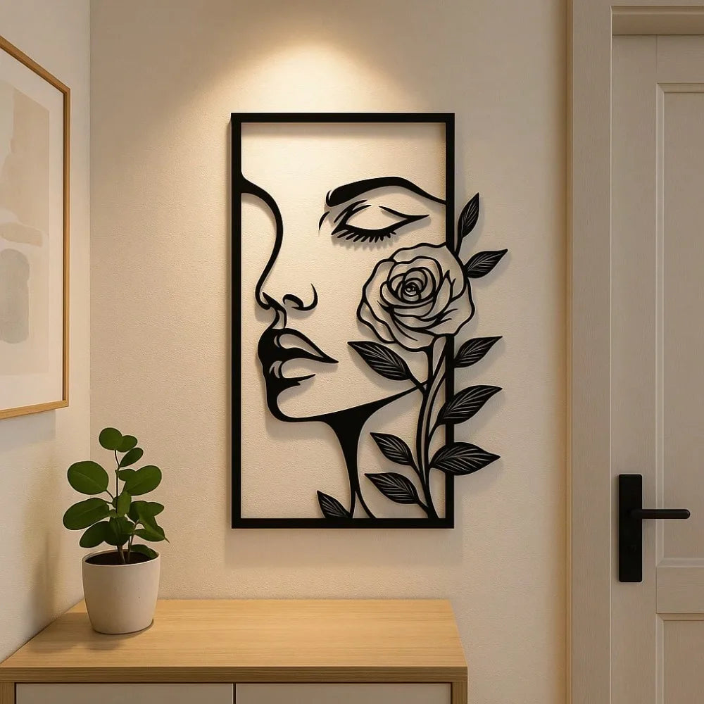 décoration murale plaque métal noir blanc illustration femme rose feuilles contemporaine chambre salon