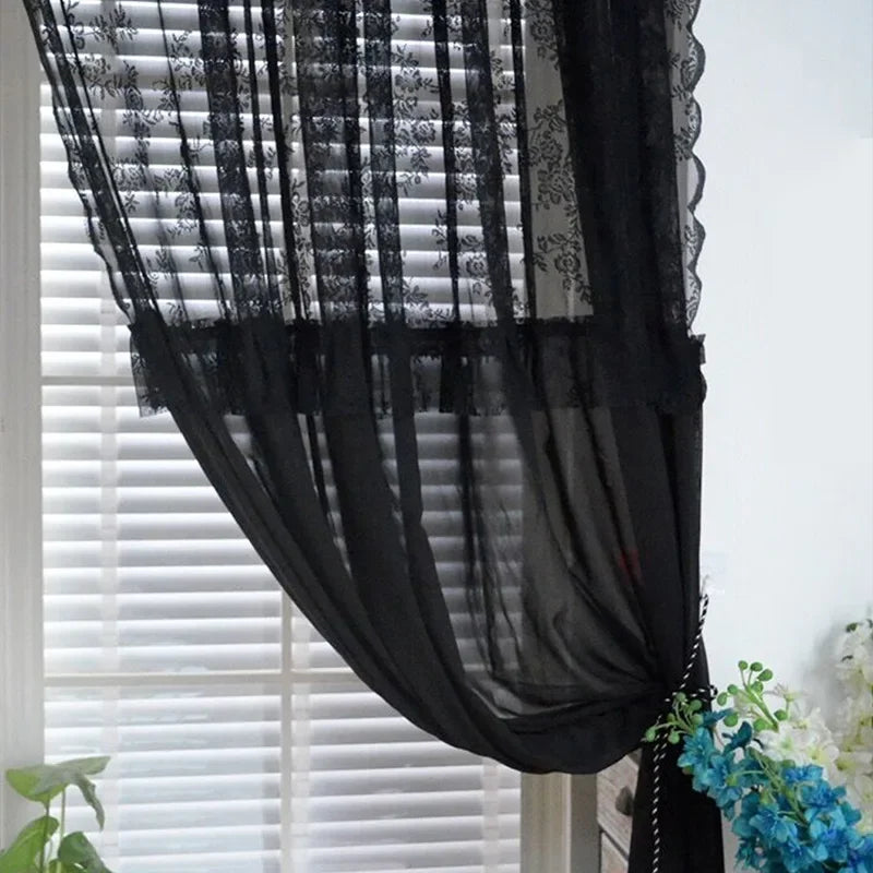rideau noir dentelle transparent classique polyester fleuri fenêtre française decoration