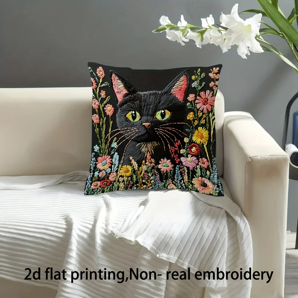 housse coussin carré chat noir fleurs colorées imprimé 2d polyester zip closure 45x45cm chambre