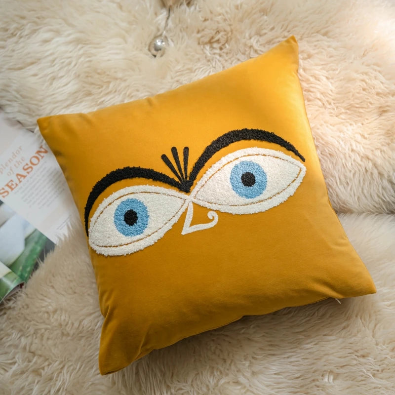 taies d'oreiller brodées chat yeux velours jaune noir modernes décoratives lit voiture 45x45