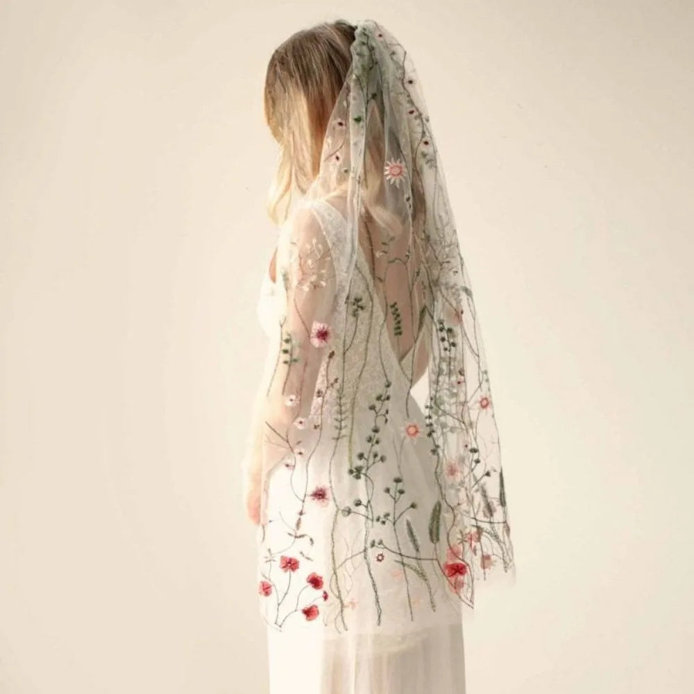 voile mariée bohème broderie florale 3d peigne transparent romantique champêtre