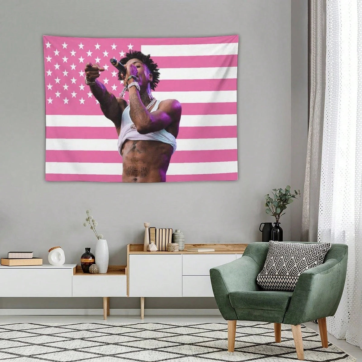 tapisserie drapeau américain stylisé moderne rose blanc salon chambre décoration festive