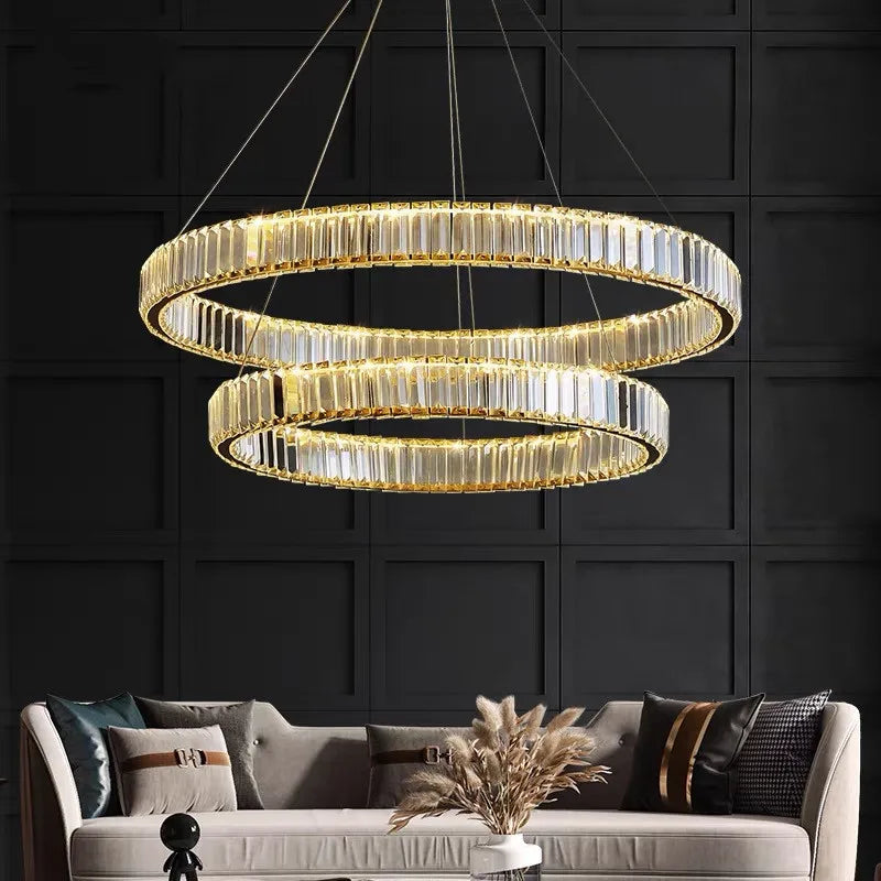 suspension lumineuse moderne or transparent cristaux led télécommande élégante salon chambre