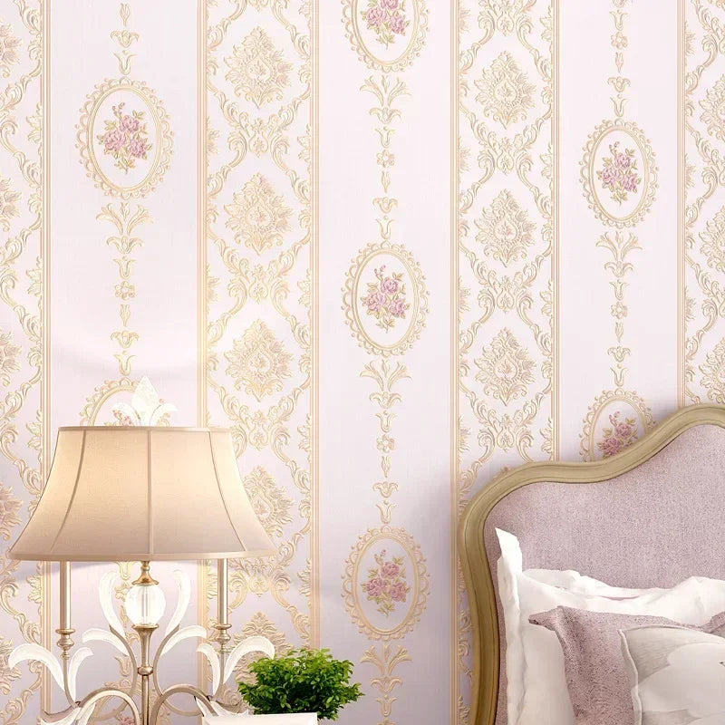 papier peint classique baroque fleurs roses beige rose clair bleu clair vertical adhésif imperméable