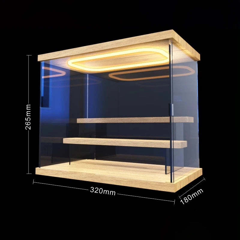 étagère figurines transparente moderne bois clair réutilisable pliable organisateur collection carrée respectueuse environnement minimaliste