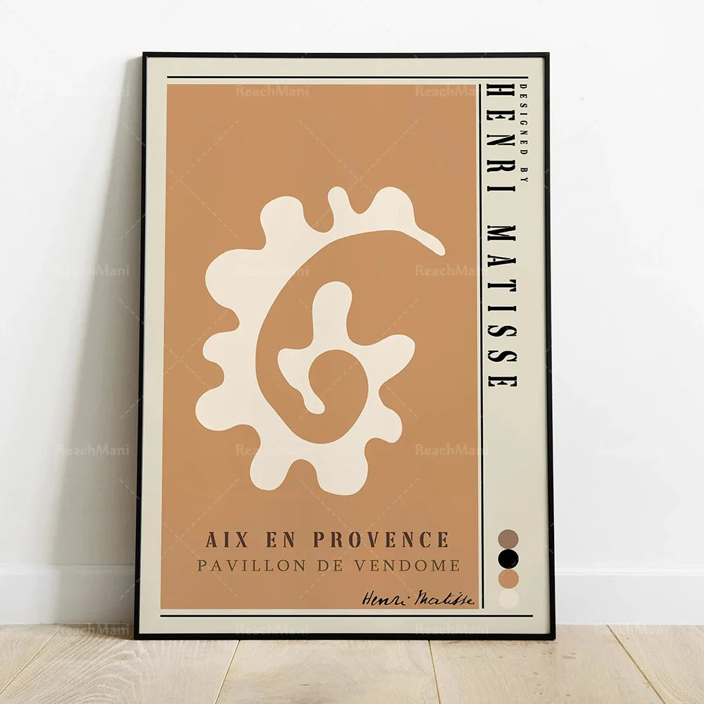 Affiche vintage d'exposition d'art à Aix-en-Provence au Pavillon de Vendôme, conçue par Henri Matisse, présentant une illustration géométrique abstraite en teintes de beige.
