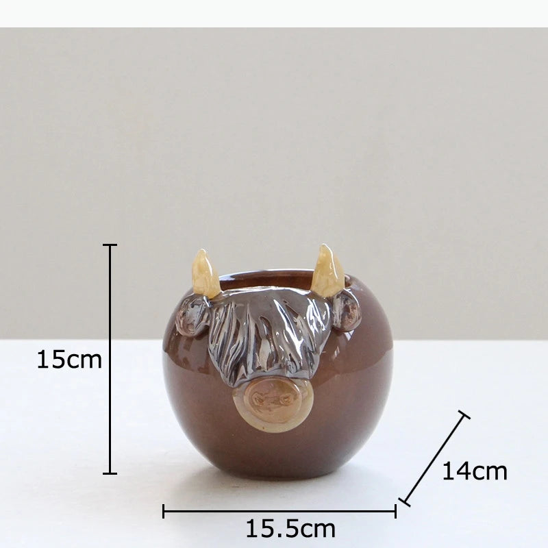 vase tête vache hauteurs cornes marron crème décoration table rustique fleuri moderne chambre salon