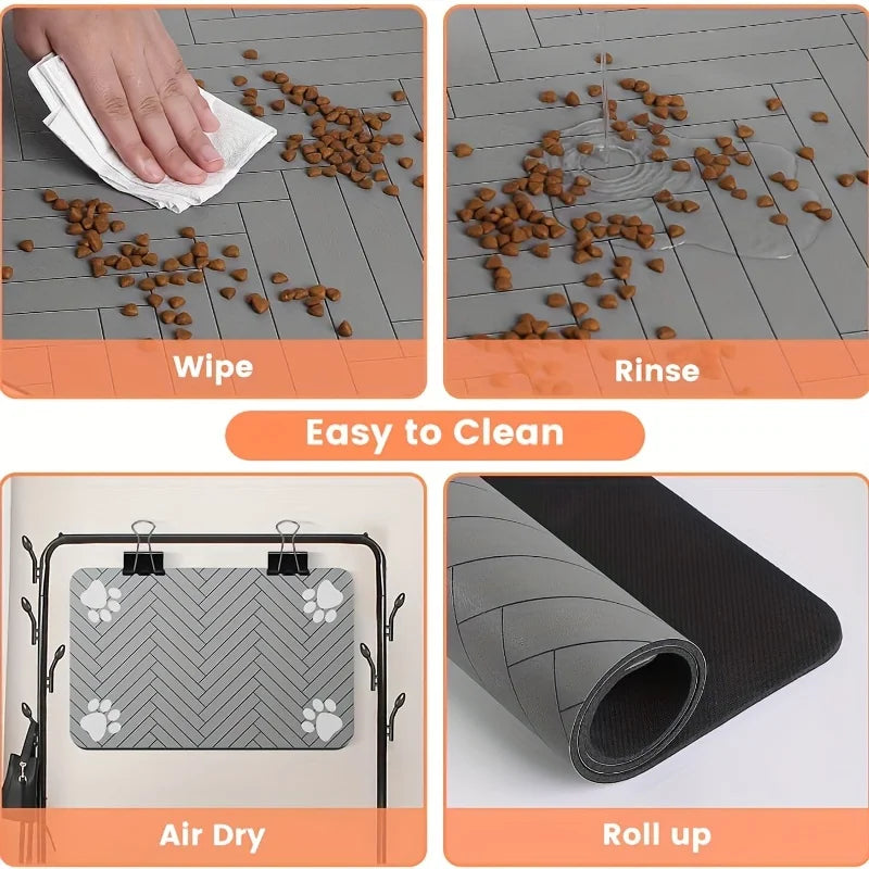 tapis nourriture chien gris rayures pattes diagonales absorbant durable deux bols alimentation