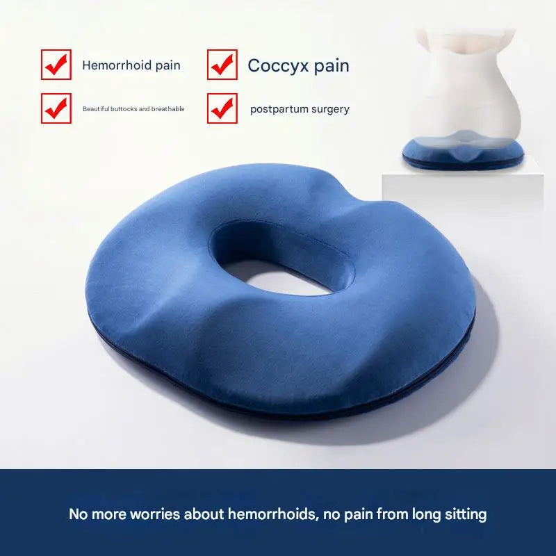 coussin donut mousse mémoire forme bague velours bleu adhésif soulagement hémorroïdes coccyx voyage confort