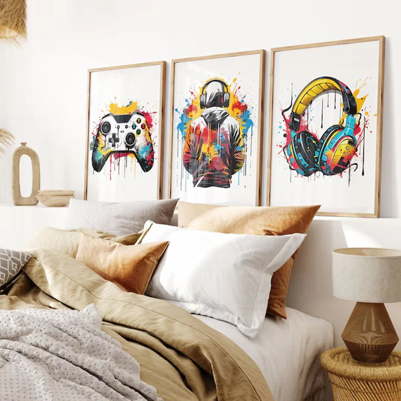 affiches abstraites moderne multicolores taches peinture cadre bois chambre salon decoration