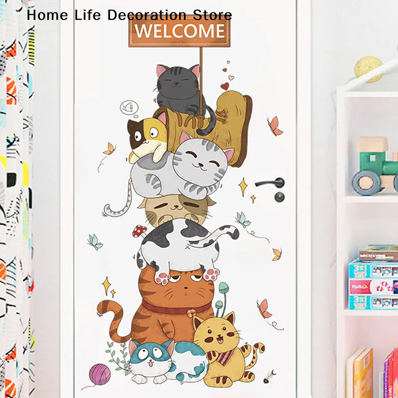 sticker mural multicolore dessin animé chats bienvenue fleurs papillons adhésif chambre enfant deco cartoon