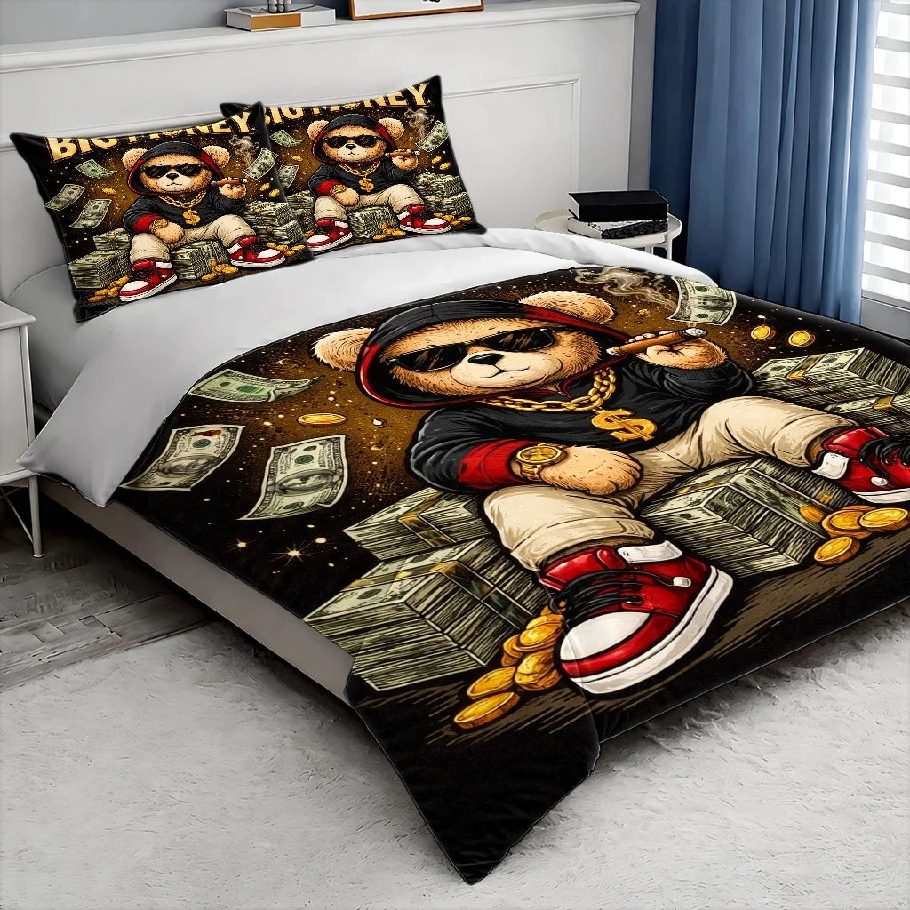 housse couette oreiller ours billets or pop art noire blanche rouge dorée lit grande
